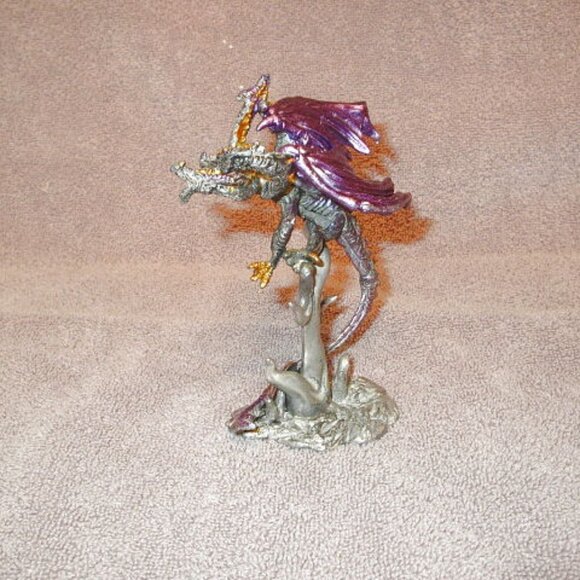 Pewter Dragon Iridescent 2 Headed Serpent Heart Crystal Winged Fantasy Figurine - Picture 7 of 11